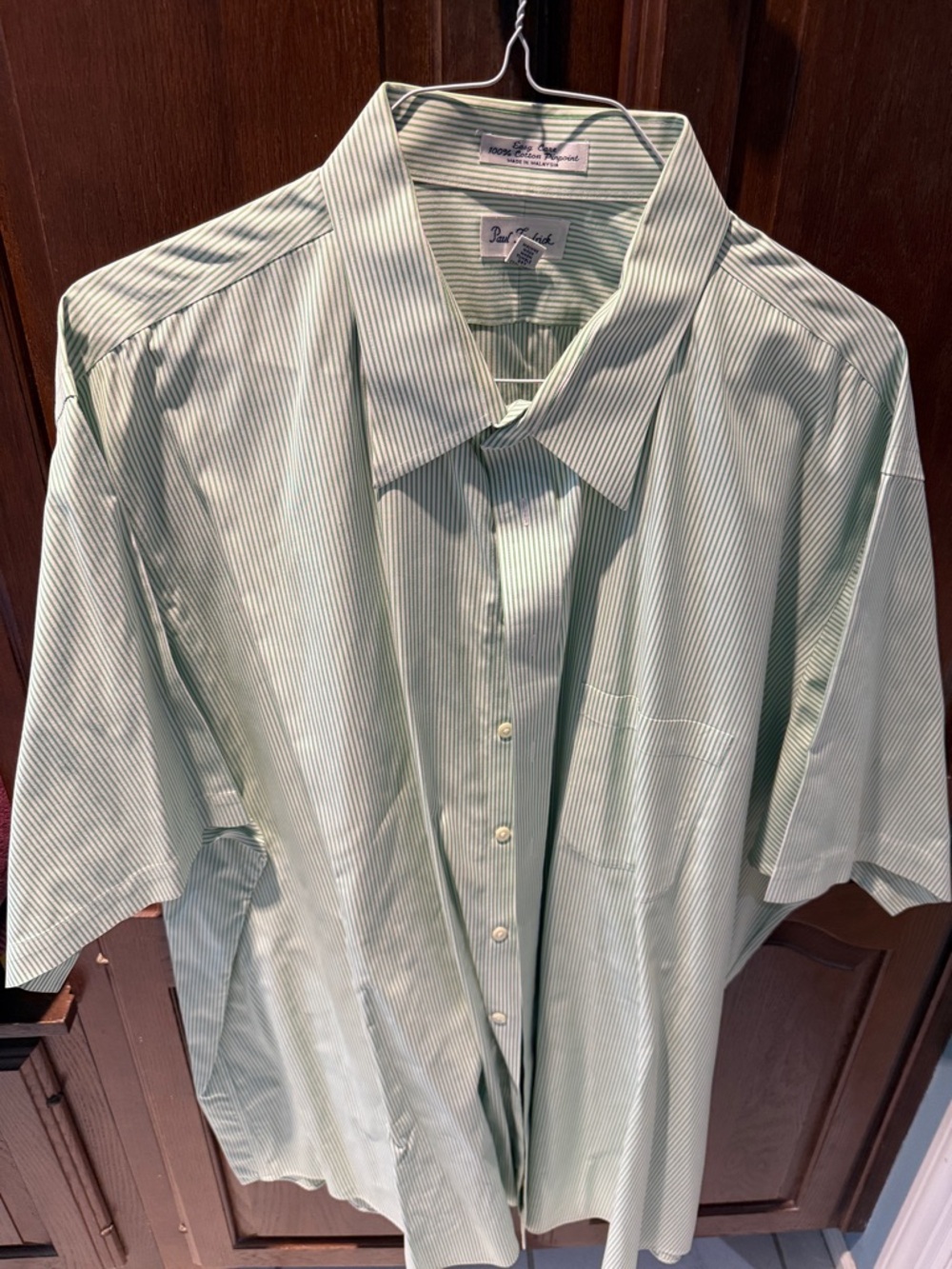 Paul Frederick Classic Men's Light Green Striped Short-Sleeve Shirt neck 20